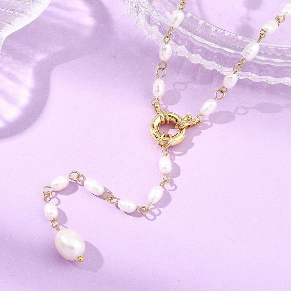 Collares tipo lariat con borlas, ajustables, de acero inoxidable y perlas naturales, para mujer., dorado