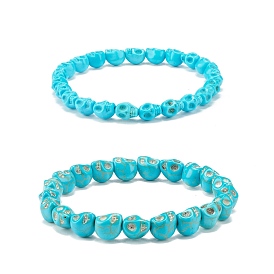 2Pcs 2 Style Synthetic Turquoise(Dyed) Skull Stretch Bracelets Set, Gemstone Halloween Jewelry for Women