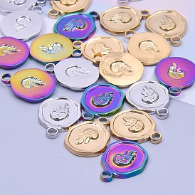 201 Stainless Steel Pendants, Flat Round with Octopus Charms
