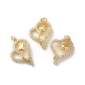 Rack Plating Brass Cubic Zirconia Pendants, with Jump Ring, Lead Free & Cadmium Free, Long-Lasting Real 18K Gold Plated, Heart with Tulip Flower Charm