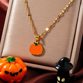 Stainless Steel Enamel Halloween Pumpkin Pendant Dapped Chain Necklaces, Golden