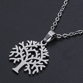 201 Stainless Steel Pendant Necklaces, with Cable Chains and Lobster Claw Clasps, Tree