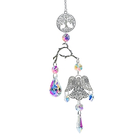 Alloy Tree of Life & Branches Hanging Ornaments, Glass Teardrop/Cone Tassel Suncatchers for Garden Outdoor Hanging Decorations