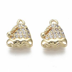 Brass Micro Pave Clear Cubic Zirconia Charms, Nickel Free, Christmas Hat