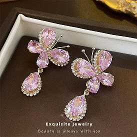 Sweet diamond-encrusted zircon butterfly water drop 925 silver needle earrings fashion temperament elegant high-end earrings for women