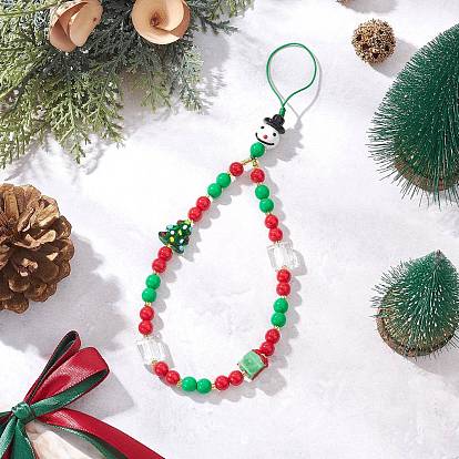 Рождественские снеговики мобильные аксессуары, с плетеной нейлоновой нитью, стеклянными бусинами, бусинами лэмпворк ручной работы, бусинами лэмпворк из серебряной фольги ручной работы и непрозрачными акриловыми бусинами