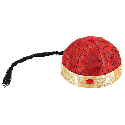 Polyester Chinese Traditional Fortune Hat, Qing Dynasty Style Braided Queue Cap for Costume & Cultural Events