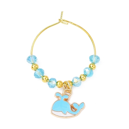Whale Alloy Enamel Wine Glass Charms Sets, with Glass Beads and Brass Hoop Earrings Findings