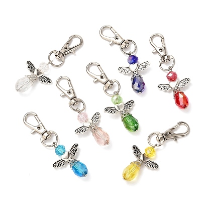 Faceted Teardrop Glass Pendants, with Faceted Glass Beads, Alloy Heart Beads & Swivel Lobster Claw Clasps, Iron Pins & Bead Caps, Angel