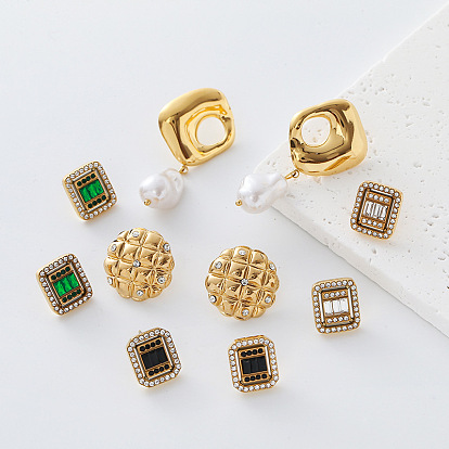 304 Stainless Steel Rhinestone Stud Earrings for Women, with Glass, Golden