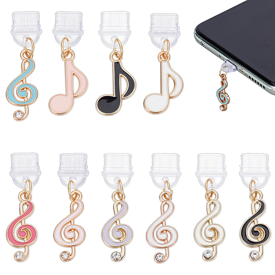 10шт пластиковые мобильные пылезащитные заглушки, музыкальная нота, с подвесками из эмали и сплава 