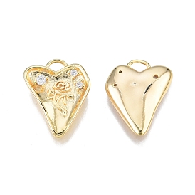 Brass Pave Clear Cubic Zirconia Charms, Nickel Free, Heart with Rose