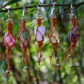 Woven Imitation Leather Cords Pouch Pendant Decorations, with Rough Nuggets Gemstone and and Swivel Lobster Claw Clasps Ornament