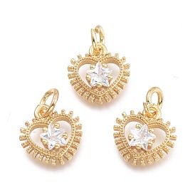 Brass Micro Pave Cubic Zirconia Pendants, with Jump Ring, Heart with Star, Clear