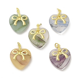 Rack Plating Handmade Lampwork Pendants, with Brass Findings, Real 18K Gold Plated, Long-Lasting Plated, Heart & Bowknot