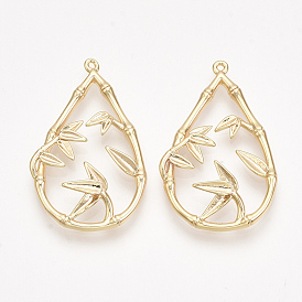 Brass Pendants, Real 18K Gold Plated, Nickel Free, Teardrop with Bamboo