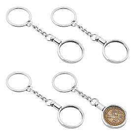 4Pcs Flat Round Zinc Alloy Coin Holder Keychains, with Brass & Iron Blank Coin Bezel Rings