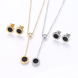 304 Stainless Steel Jewelry Sets, Stud Earrings and Pendant Necklaces, with Rhinestone and Enamel, Flat Round