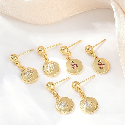 Плоские круглые серьги-гвоздики с подвесками в виде звезды, крыла и змеи из латуни с микропаве из кубических цирконий, стойки покрытие, долговечный, без свинца и без кадмия