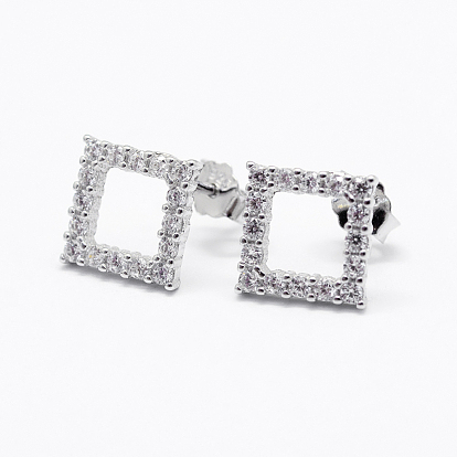 925 Sterling Silver Micro Pave Cubic Zirconia Stud Earrings, Square