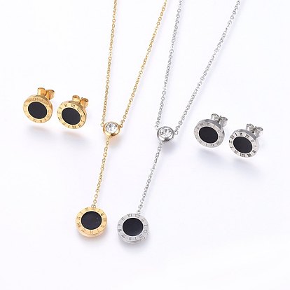 304 Stainless Steel Jewelry Sets, Stud Earrings and Pendant Necklaces, with Rhinestone and Enamel, Flat Round