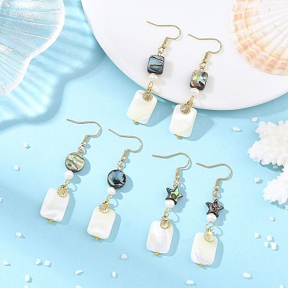 Natural Abalone Shell/Paua Shell & Natural Trochid Shell/Trochus Shell Dangle Earring for Women, Rectangle, 304 Stainless Steel Dangle Earrings