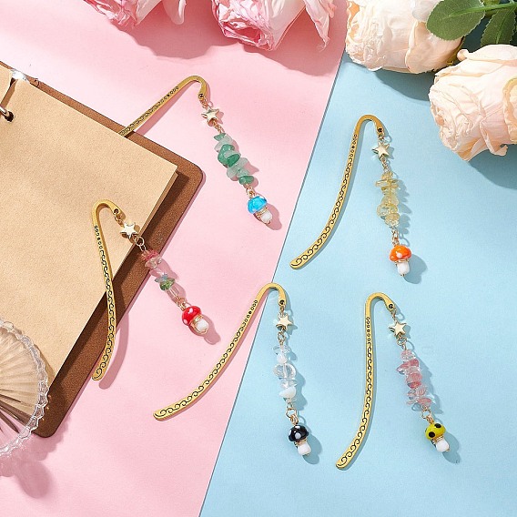 Бусины-подвески в виде грибов-лэмпворк из натурального зеленого авантюрина, цитрина, вишневого кварца, синтетического гематита и опалита, закладки с крючками из сплава