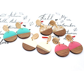 Resin and Wood Round Earrings with Minimalist Design