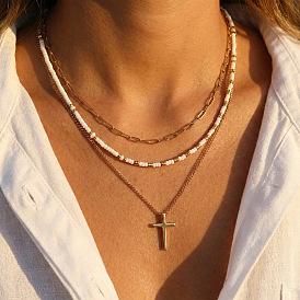 304 Stainless Steel Religion Cross Pendant Glass Seed Beaded 3 Layer Necklaces for Women, Golden