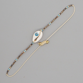 Adjustable Nylon Cord Braided Miyuki Seed Beaded Bracelets, Shell with Evil Eye