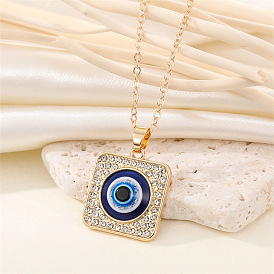 Retro Square Blue Eye Necklace with Full Rhinestones, Trendy Devil's Eye Pendant Collarbone Chain for Women