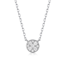 Sterling Silver Micro Pave Clear Cubic Zirconia Flat Round Pendant Necklaces