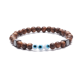 Natural Wood & Synthetic Hematite Stretch Bracelet with Lampwork Evil Eye, Yoga Jewelry for Women