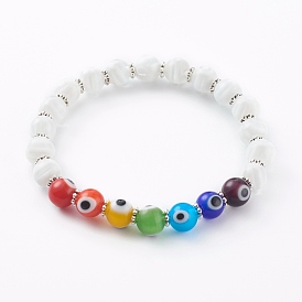Chakra Jewelry, Handmade Evil Eye Lampwork Beaded Stretch Bracelets, with Alloy Beads, Round, Antique Silver