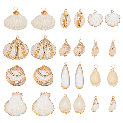 24шт. 12 стили гальванизированные натуральные смешанные подвески из ракушек, подвески в форме ракушек, золотые