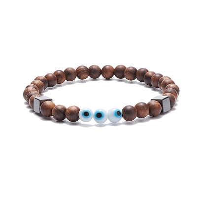 Natural Wood & Synthetic Hematite Stretch Bracelet with Lampwork Evil Eye, Yoga Jewelry for Women