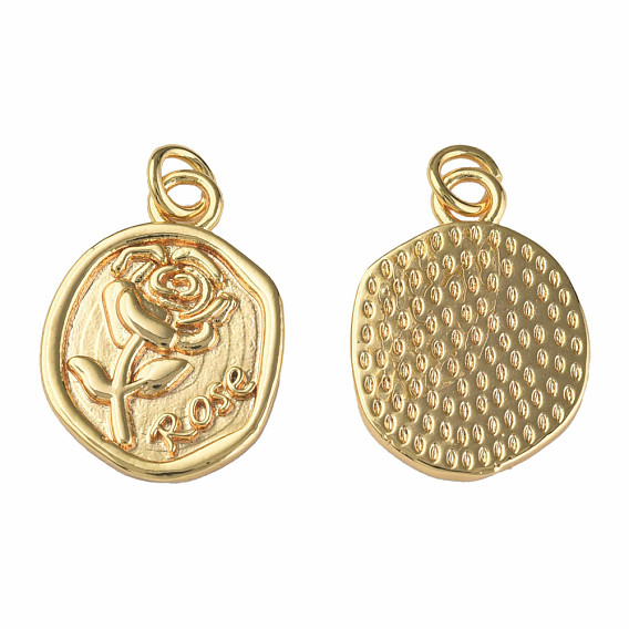 Messing Anhänger & Charms, mit Ringe springen, Nickel frei, flache runde mit rose & wort rose