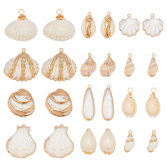 24шт. 12 стили гальванизированные натуральные смешанные подвески из ракушек, подвески в форме ракушек, золотые
