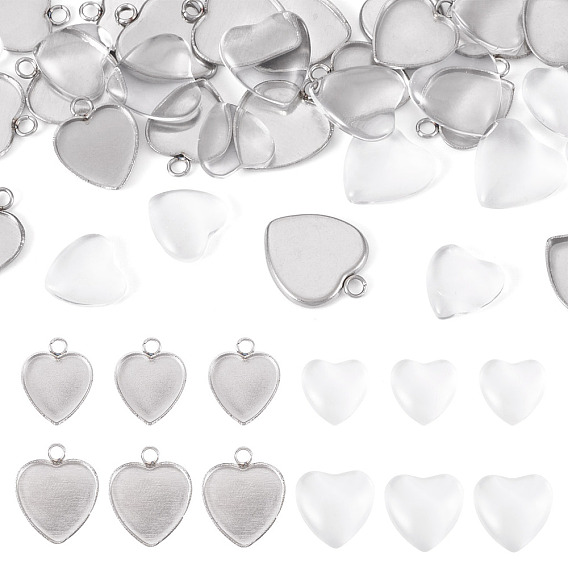Наборы для изготовления подвески в форме сердца из нержавеющей стали своими руками, В комплект входят 304 шт. 20 оправы для подвесок-кабошонов из нержавеющей стали, 304 шт. Прозрачные стеклянные кабошоны