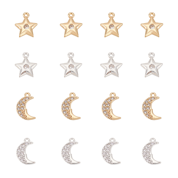 16 шт 4 стиль латунь микропаве прозрачные подвески из кубического циркония, Луна и звезды