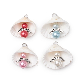 Natural Shell Pendants, Imitation Pearl Acrylic Angel Charms with Tibetan Style Alloy Wings, Antique Silver