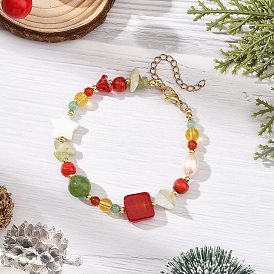 Christmas Gemstone and Natural Pearl Beaded Bracelets for Women, with Natural Shell, Golden, Mixed Dyed and Undyed