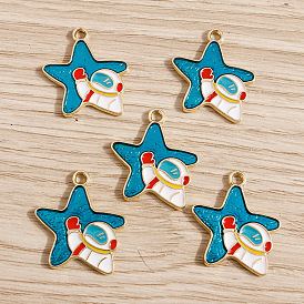 Alloy Enamel Pendants, Light Gold, Star with Spaceman Charm