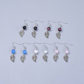 Brass Dangle Earrings, with Iron Findings, Cat Eye Beads and Alloy Charms, Leaf