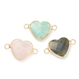 Natural Gemstone Links, with Golden Brass Edges, Heart, Undyed