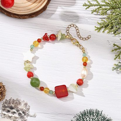 Christmas Gemstone and Natural Pearl Beaded Bracelets for Women, with Natural Shell, Golden, Mixed Dyed and Undyed