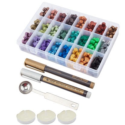 DIY Scrapbook Crafts, Including Sealing Wax Particles, Plastic Bead Containers, Stainless Steel Spoons, Candles and Metallic Markers Paints Pens