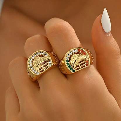 Женские кольца-пальцы в винтажном стиле из латуни с микропаве из кубических цирконов, лошадь, реальный 18 k позолоченный