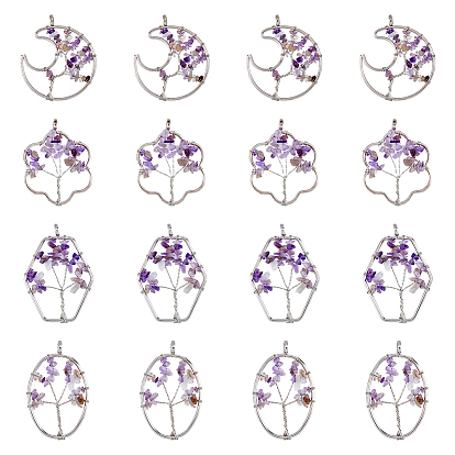 8 шт. 4 стили цветы и луна и овал и шестиугольник натуральный аметист медная проволока обернутые чип большие подвески, древо жизни очарование, с фурнитурой железной платинового оттенка