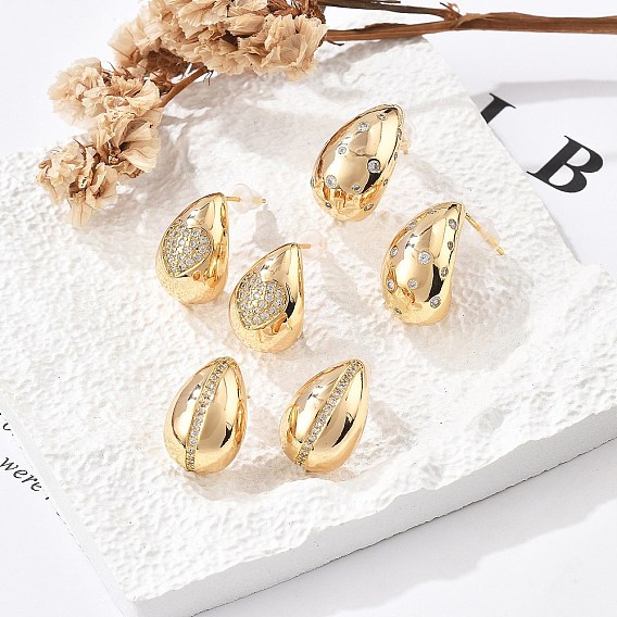 Серьги-гвоздики из латуни с микропаве из прозрачных кубических цирконий в форме капли, с силиконовыми берушами, реальный 18 k позолоченный